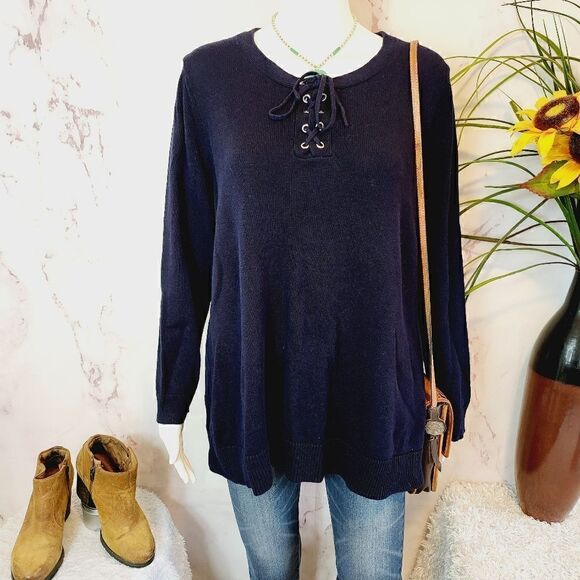 Talbots soft knit cotton blend lace up neckline navy sweater - Picture 1 of 7
